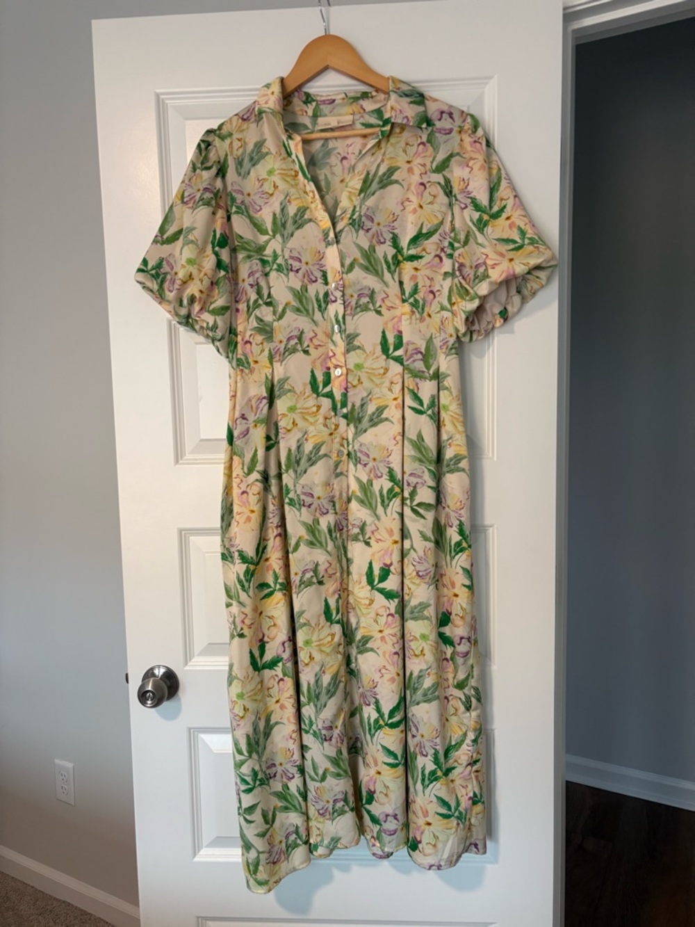 MELLODAY Cream Floral Midi Dress with Green and Yellow Leaves